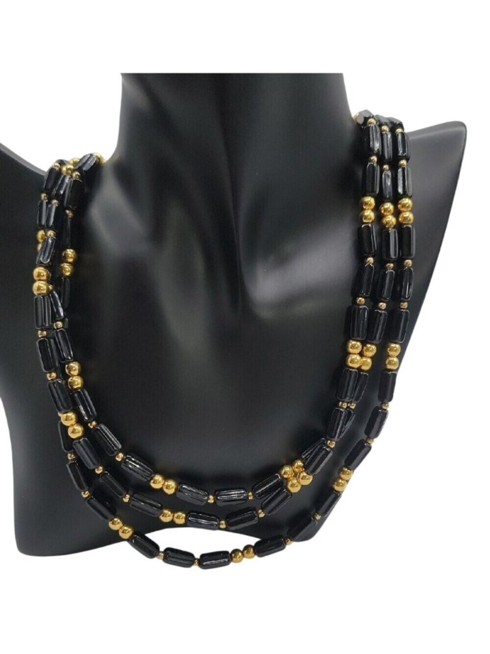 Trifari Multistrand Beaded Necklace Black Tubes & Gold Tone Spaces  24" Necklace